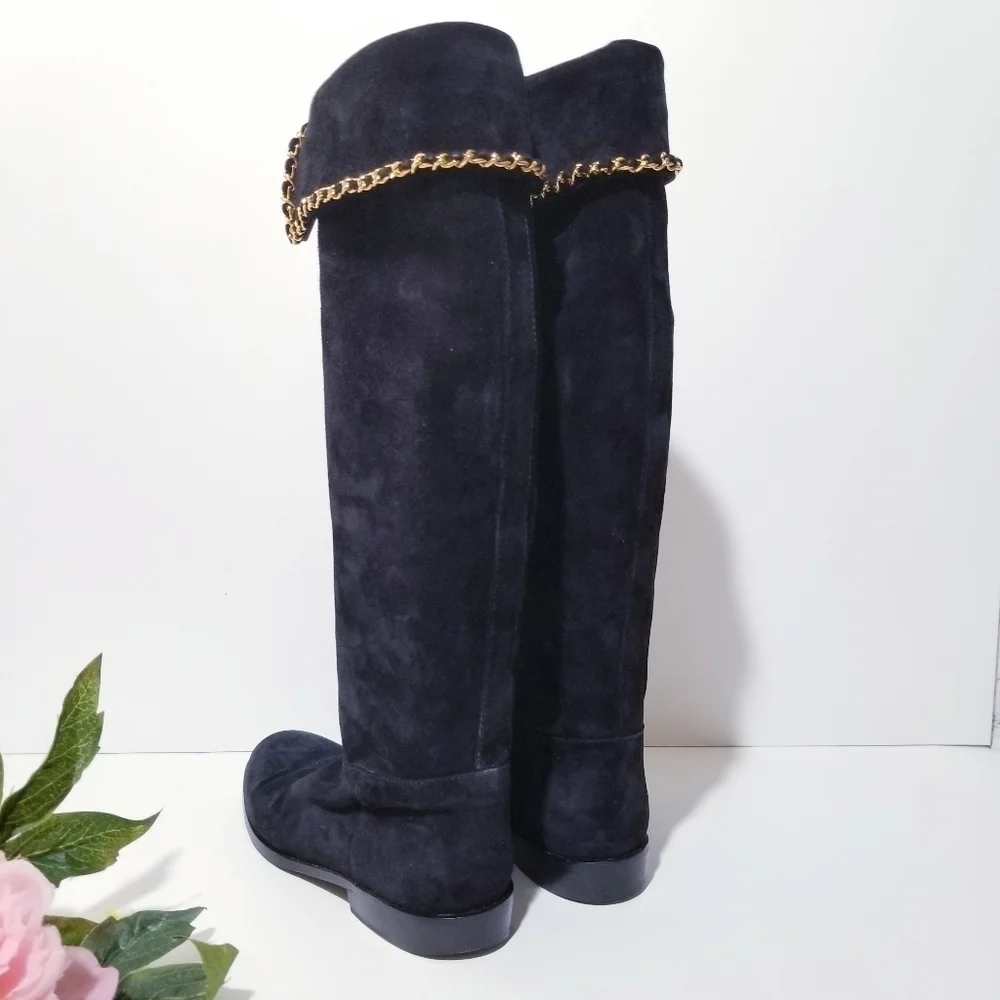 CHANEL Vintage Black Suede Leather & Signature Chain Tall Riding Boots 35